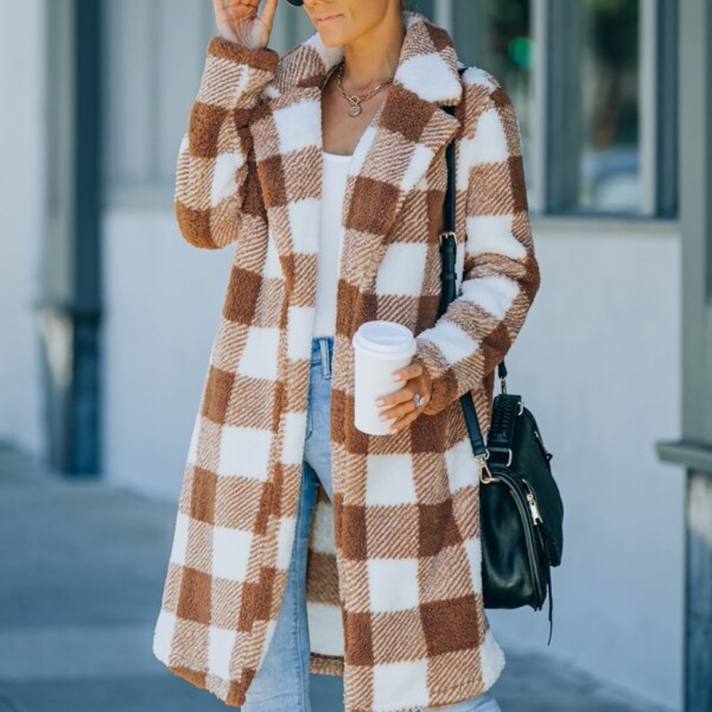 Coffee Brown Gingham Plaid Teddy Open Front Jacket - Picture 1 of 5